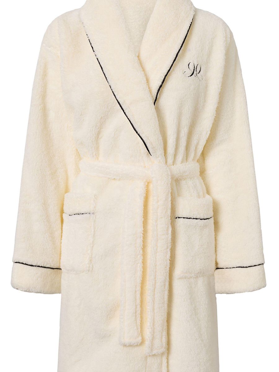 Peignoir col châle beige à liseré satin noir, photo 4