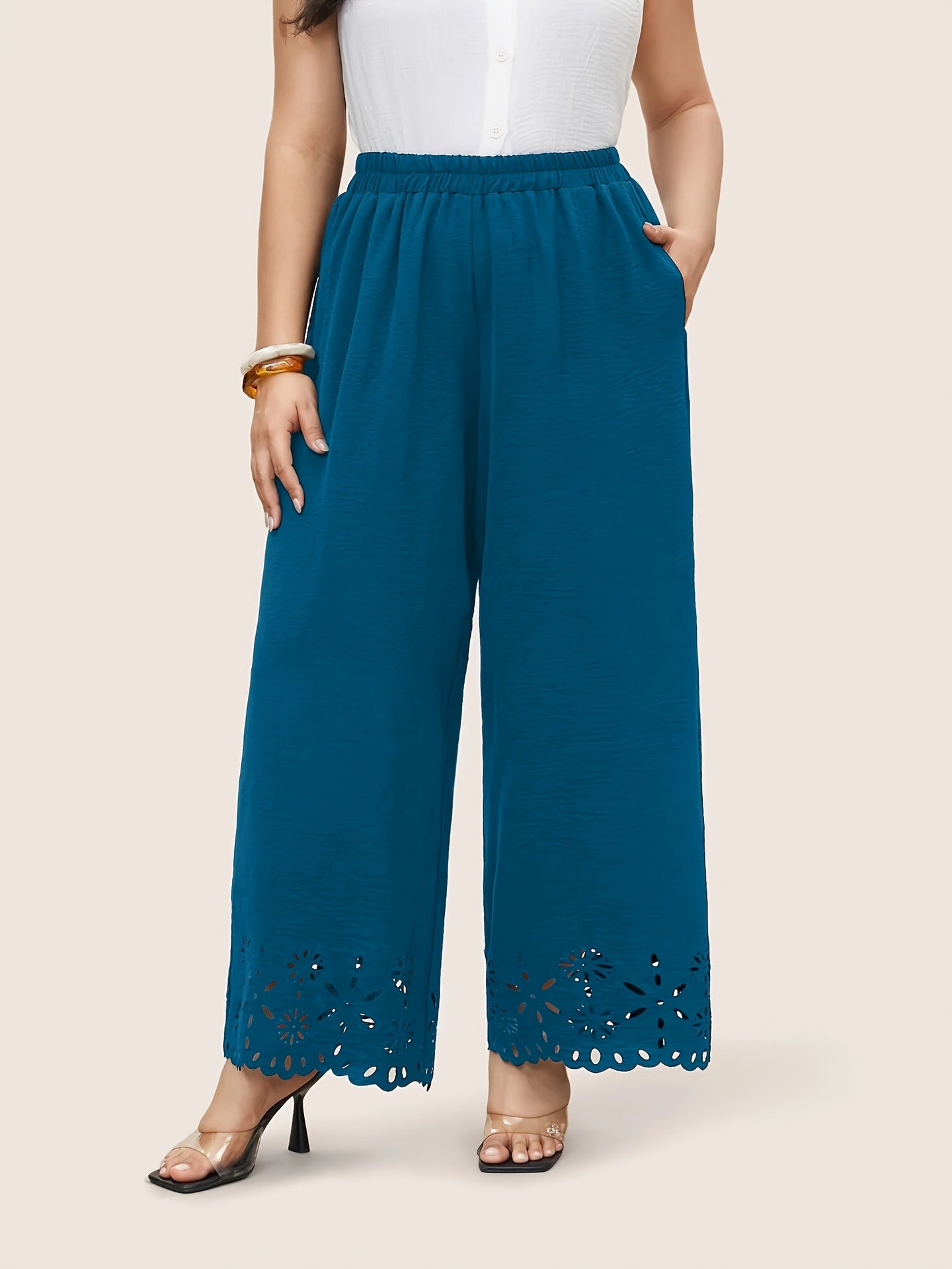 Pantalon Large Brodé Femme - Taille Élastique Grande Taille