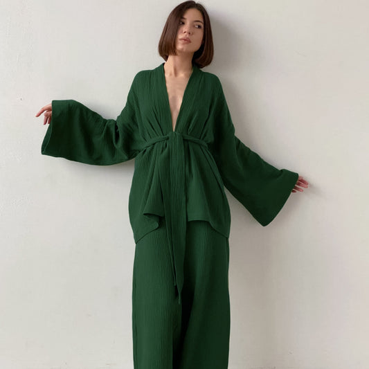 Ensemble Pyjama Crêpe de Coton Femme Kimono et Pantalon, vue principale