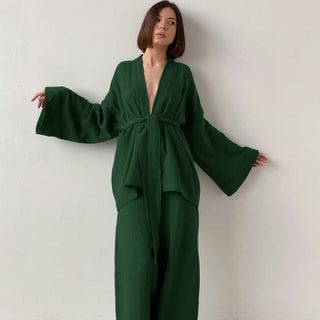 Ensemble Pyjama Crêpe de Coton Femme Kimono et Pantalon, vue principale