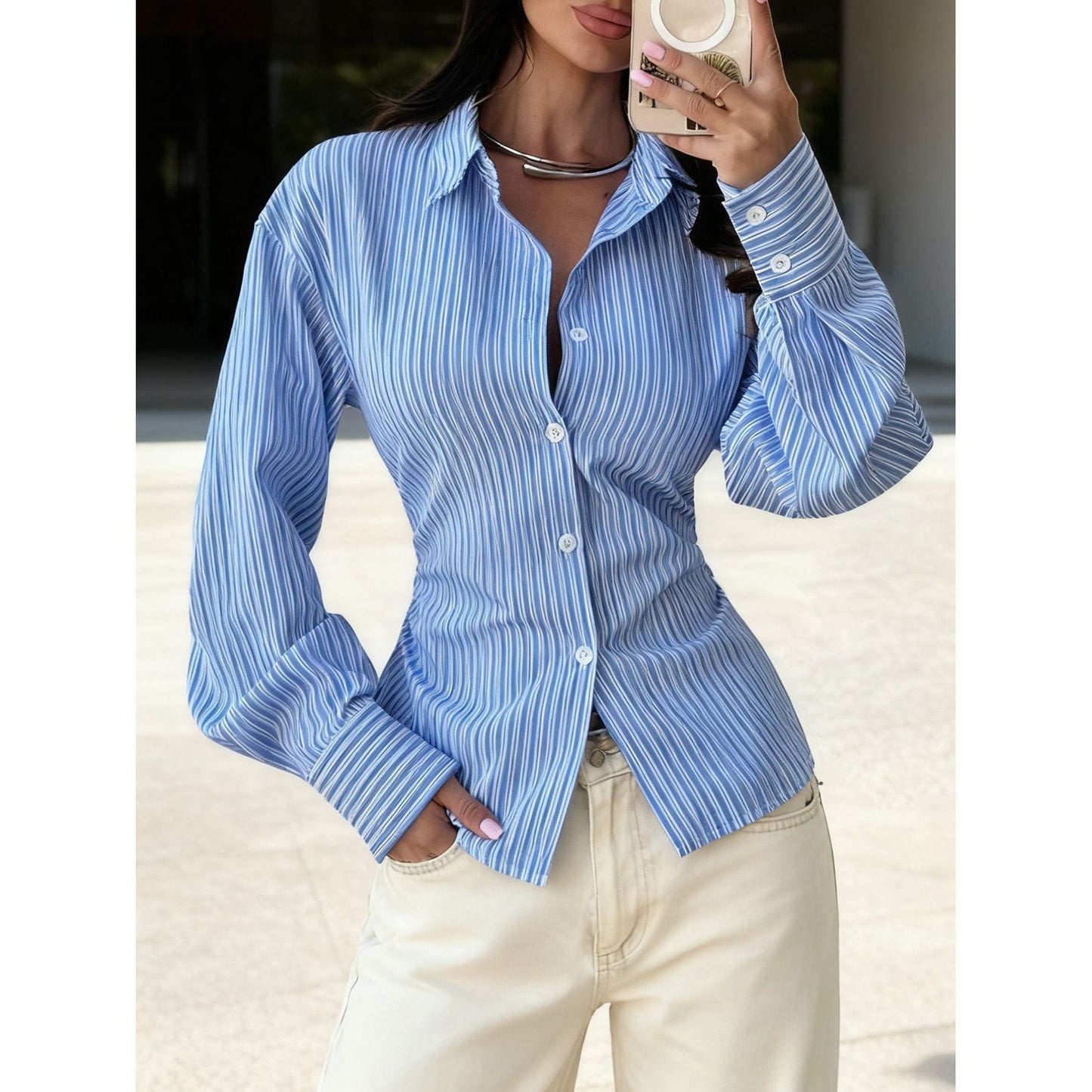 Woman's Blouse with Slightly Puffy V-Neck