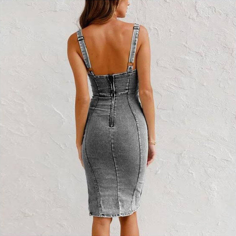 Robe en Jean à Bretelles Fendue et Cintrée