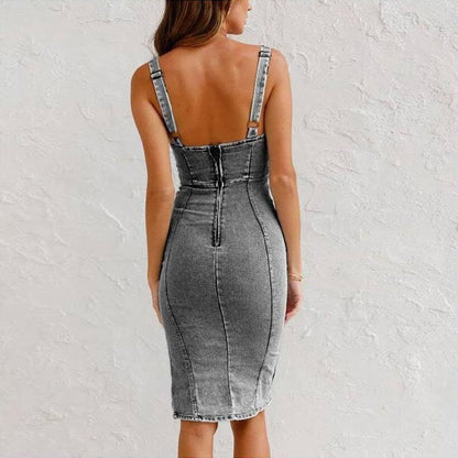 Robe en Jean à Bretelles Fendue et Cintrée