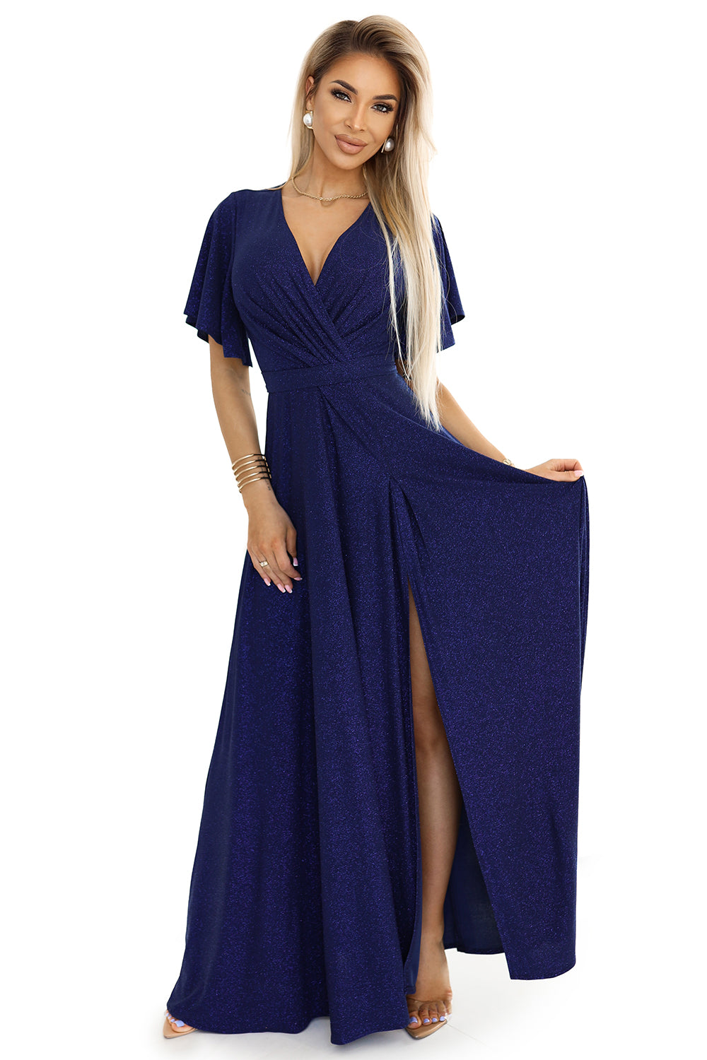 Vestido largo de brocado Jennifer azul marino con lentejuelas, foto 6