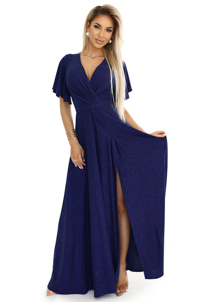 Vestido largo de brocado Jennifer azul marino con lentejuelas, foto 6