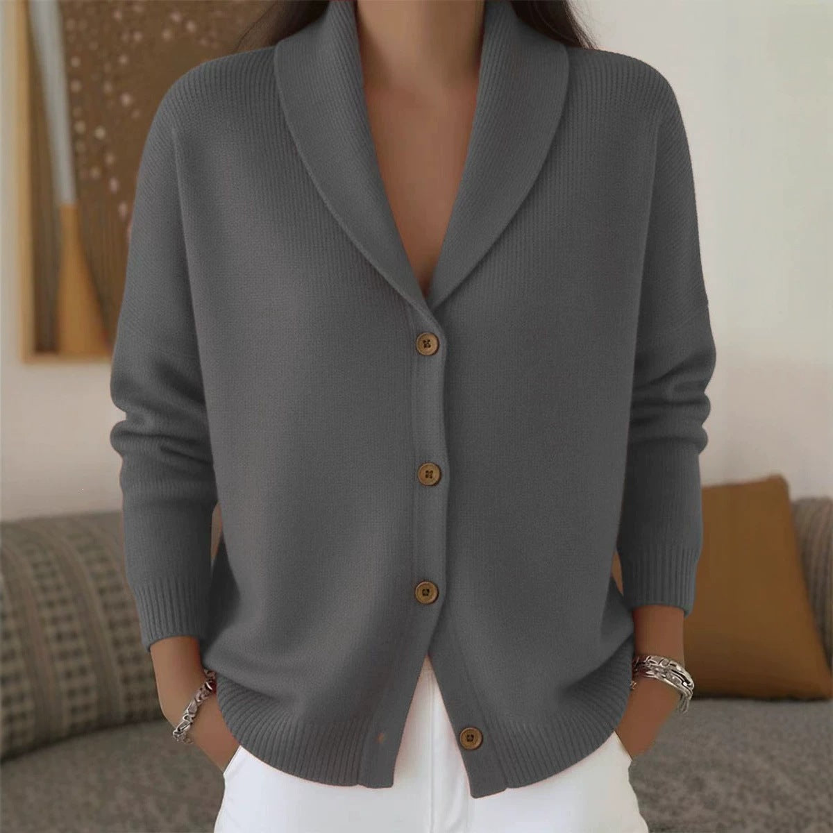 Gilet Long Femme Tricot Fin Encolure V et Manches Longues, vue arrière