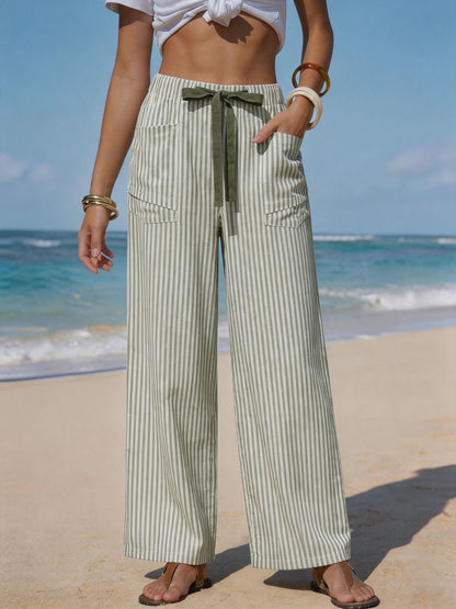 Pantalon Fluide Effet Lin Femme - Cordon & Poches