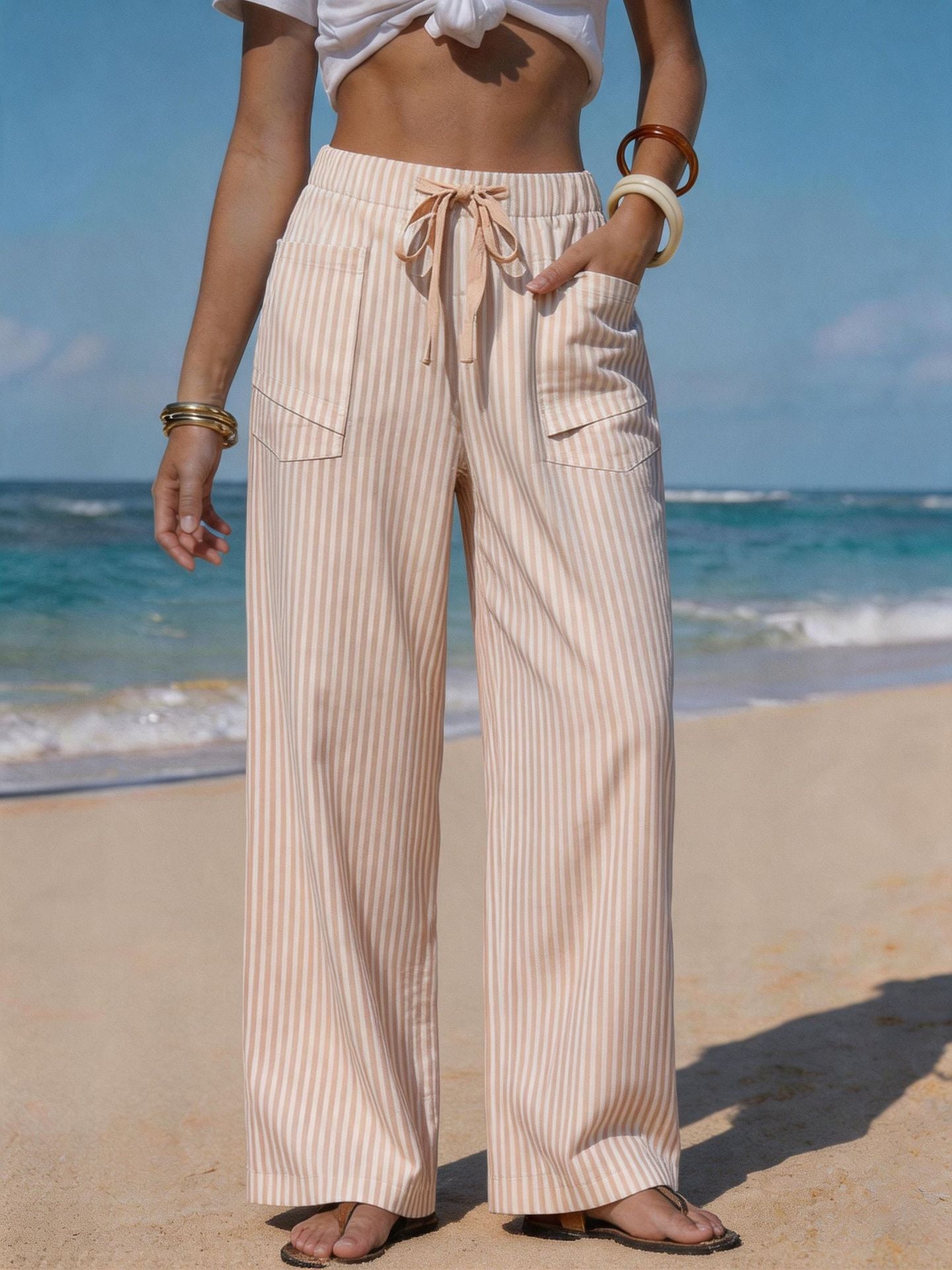 Pantalon Fluide Effet Lin Femme - Cordon & Poches