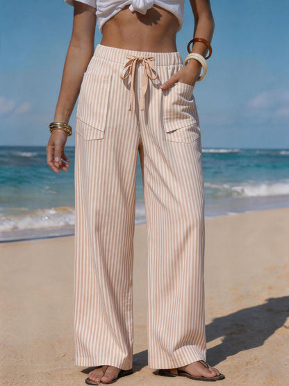 Pantalon Fluide Effet Lin Femme - Cordon & Poches