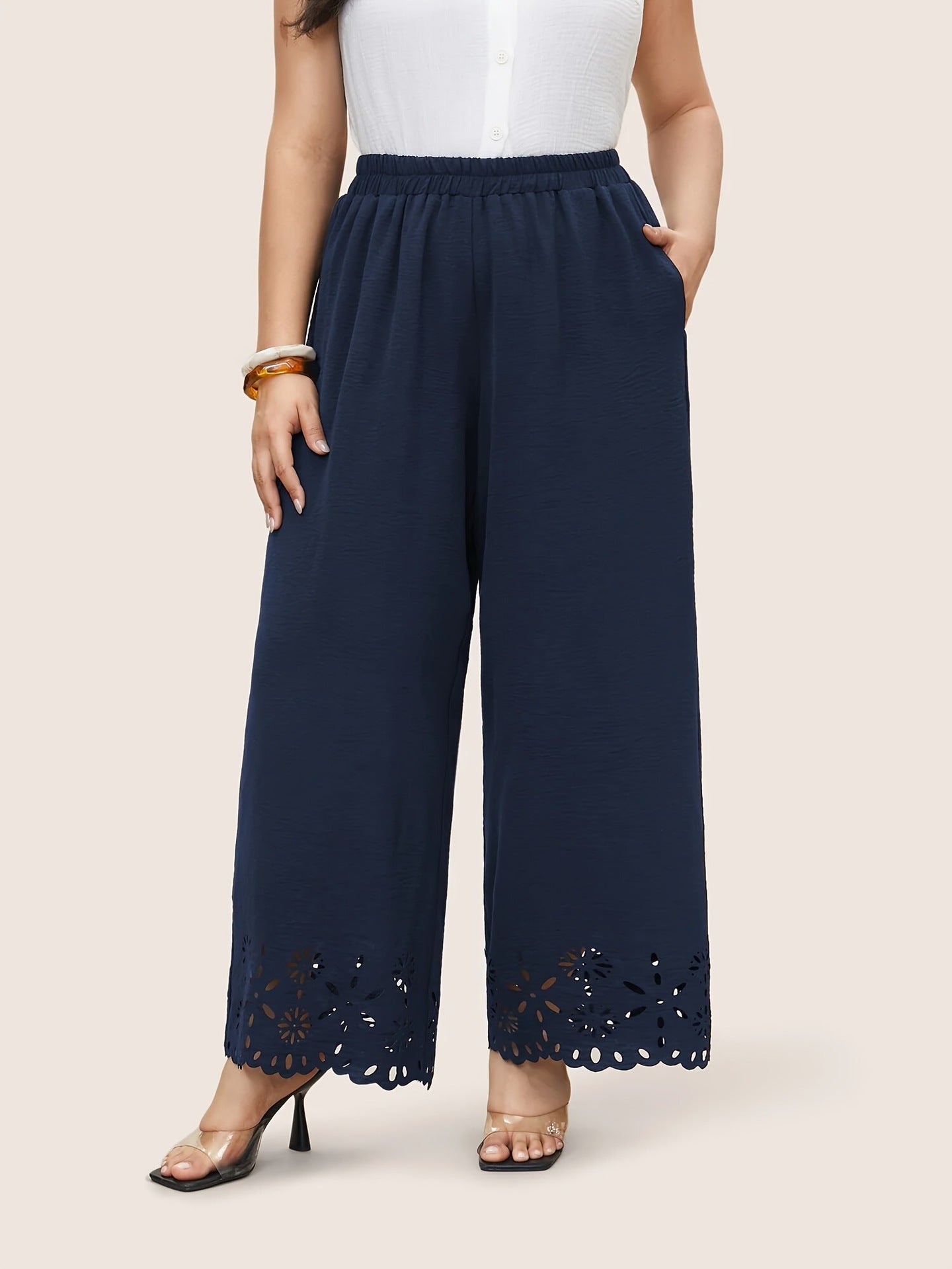 Pantalon Large Brodé Femme - Taille Élastique Grande Taille