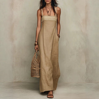 Robe Longue Lin et Dentelle Femme Bohème Naturelle, vue principale