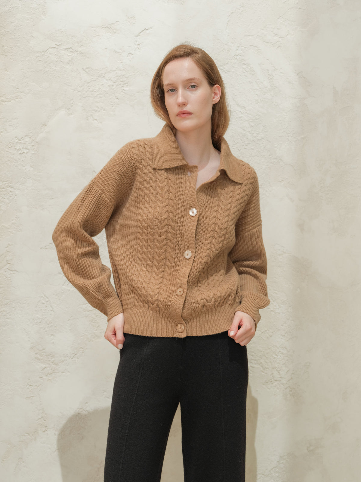 Cardigan polo a trecce in misto cashmere, foto 15