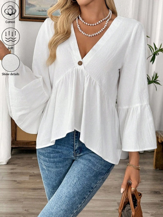 Blouse Col V Manches Cloche Femme Coton Léger, vue principale