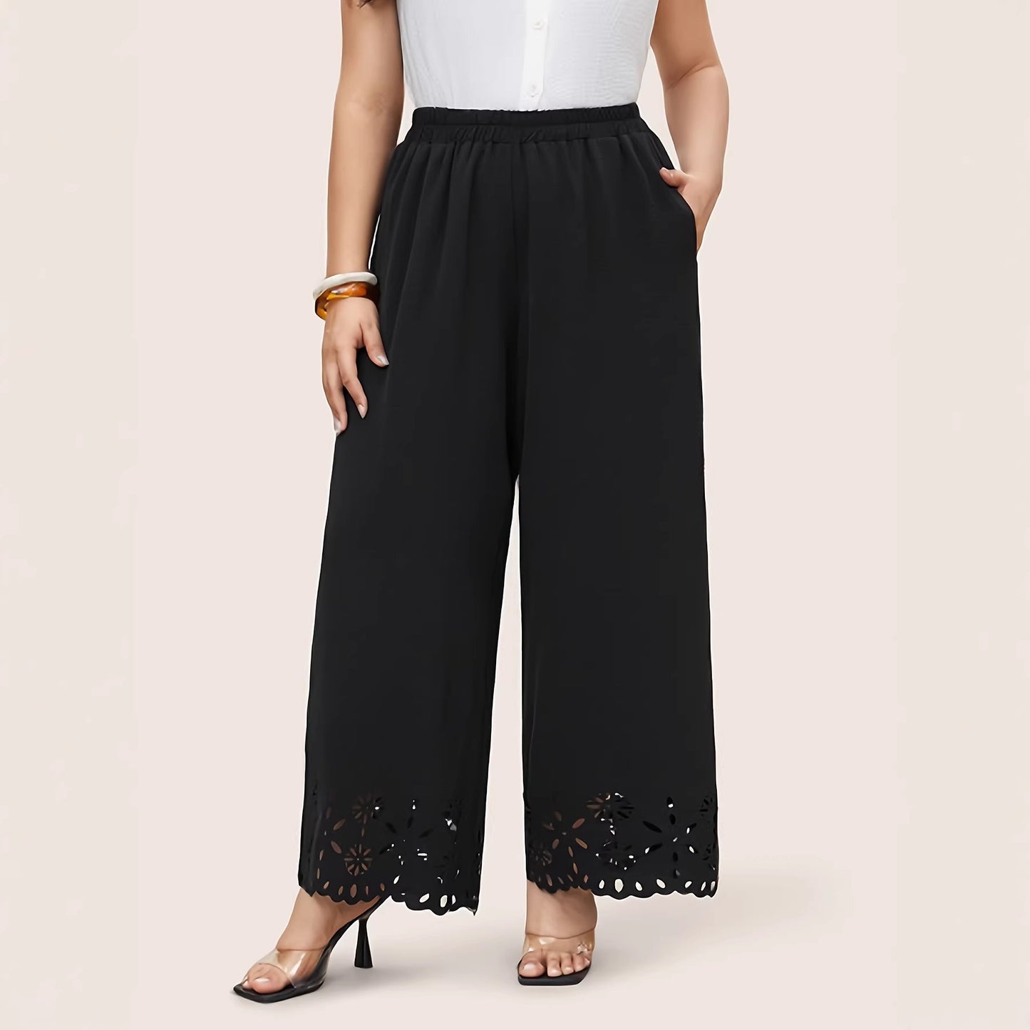 Pantalon Large Brodé Femme - Taille Élastique Grande Taille