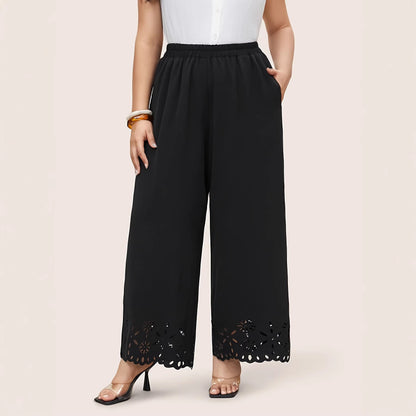 Pantalon Large Brodé Femme - Taille Élastique Grande Taille