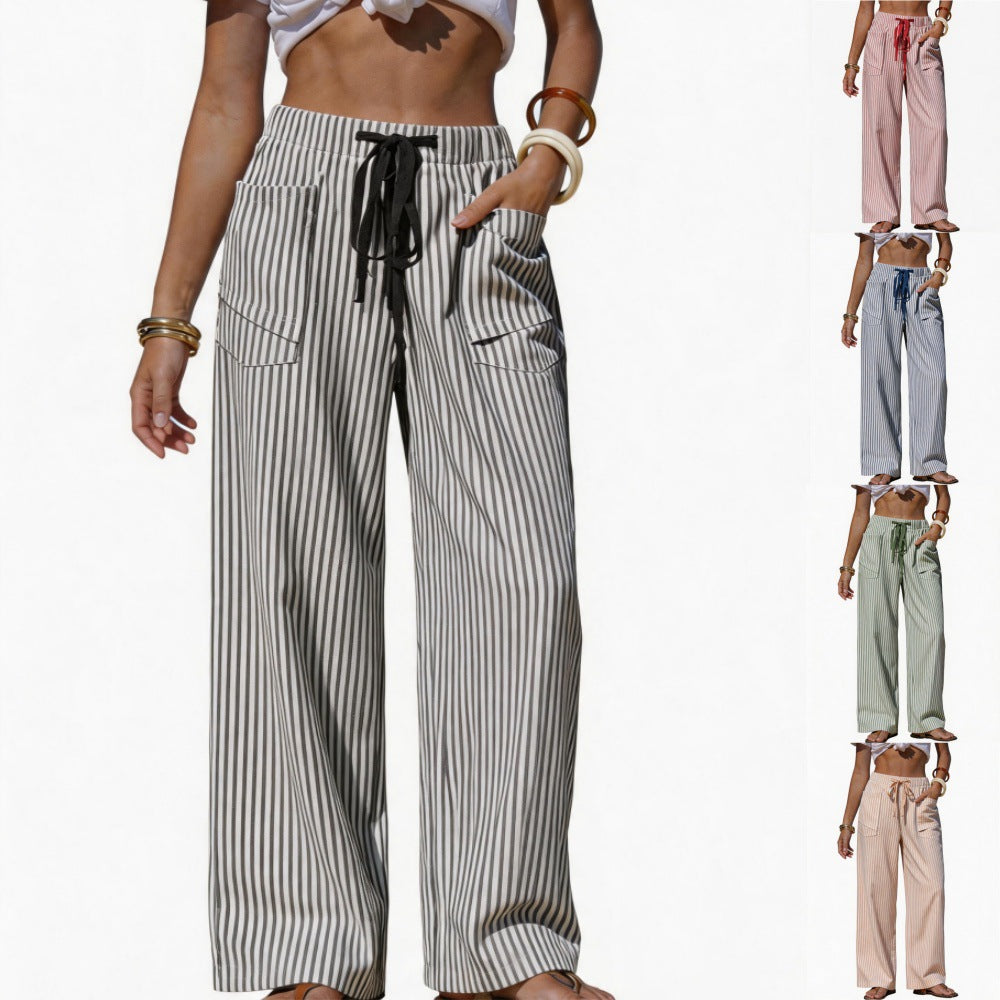 Pantalon Fluide Effet Lin Femme - Cordon & Poches