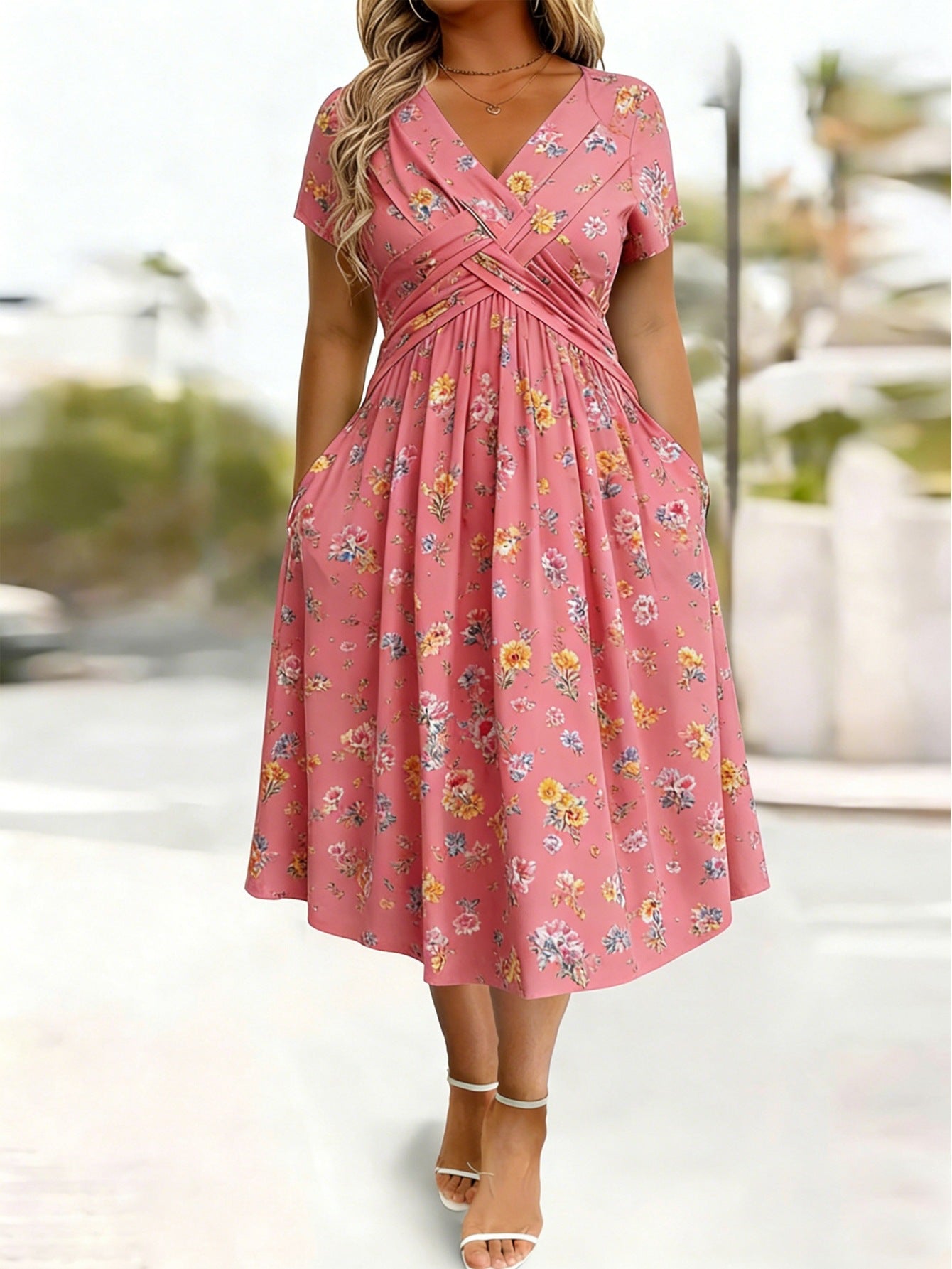 Robe Florale Femme Grande Taille Coupe Enveloppante, vue de face portée