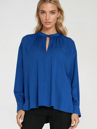Blaue Oversize-Bluse aus Viskose mit Tropfenausschnitt, Foto 1
