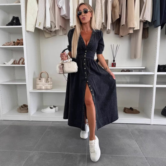 Robe en Jean Sexy à Col en V - Nouvelle Collection | VoltElan