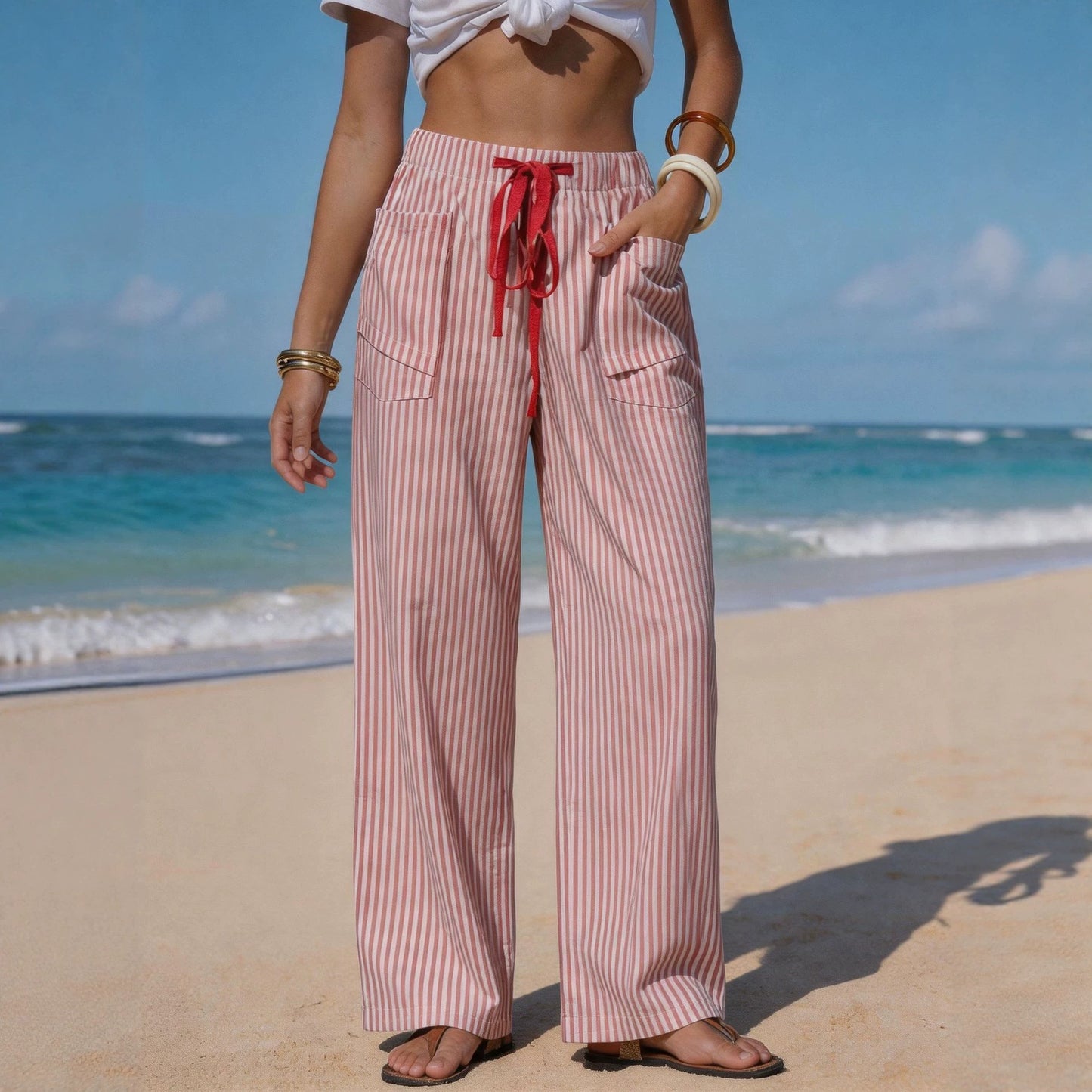 Pantalon Fluide Effet Lin Femme - Cordon & Poches