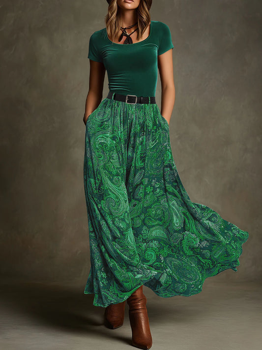 Jupe Longue Imprimé Cachemire Femme Taille Élastique et Poches, vue principale