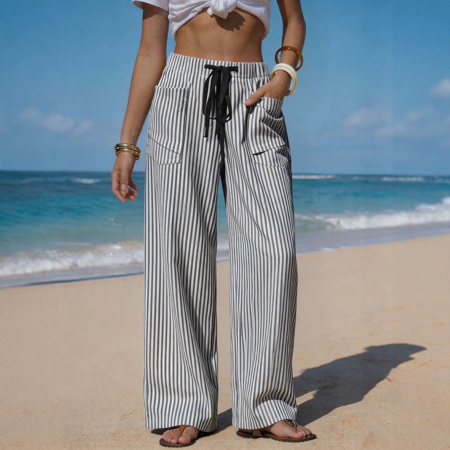 Pantalon Fluide Effet Lin Femme - Cordon & Poches