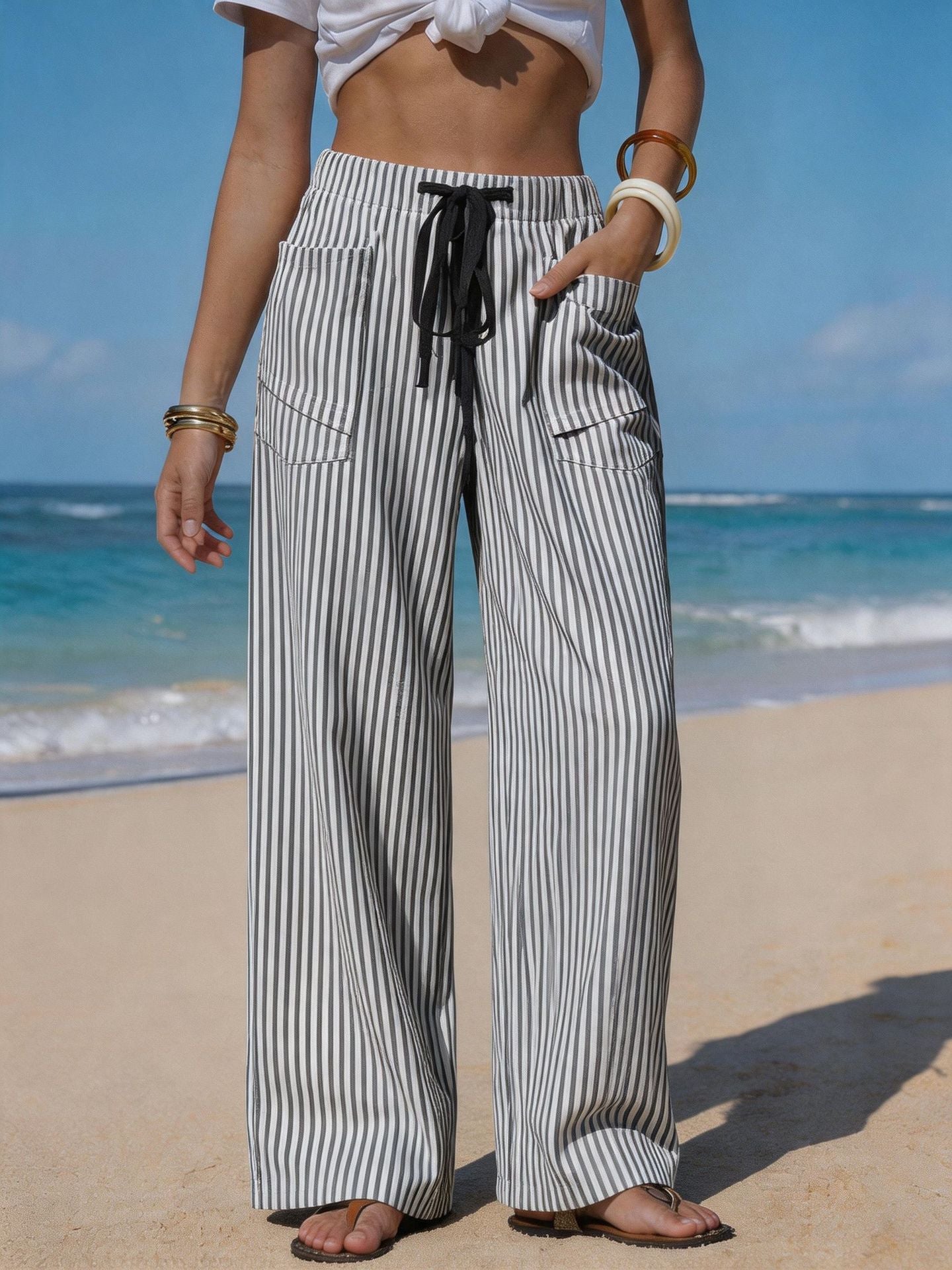 Pantalon Fluide Effet Lin Femme - Cordon & Poches