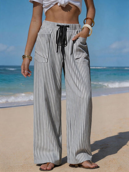 Pantalon Fluide Effet Lin Femme - Cordon & Poches